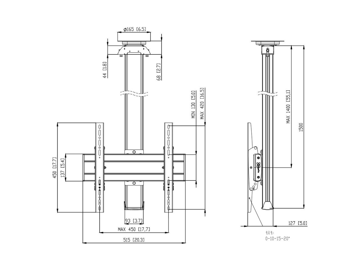 CT 1544B - Supp. Plaf. pivot. 150cm, 400x400 noir