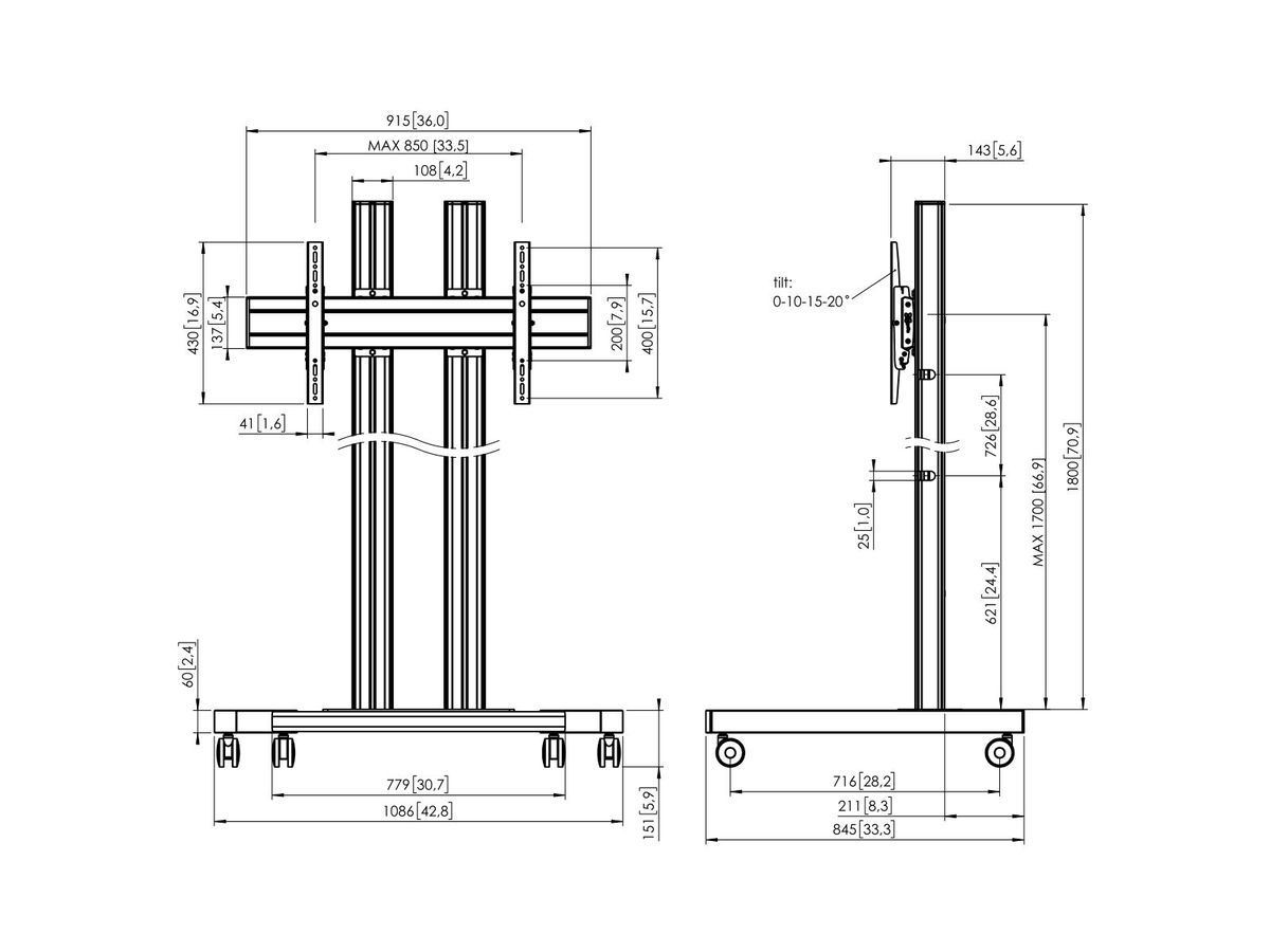 TD 1884B - Trolley 2 Säulen 180cm, 800x400 Schwarz