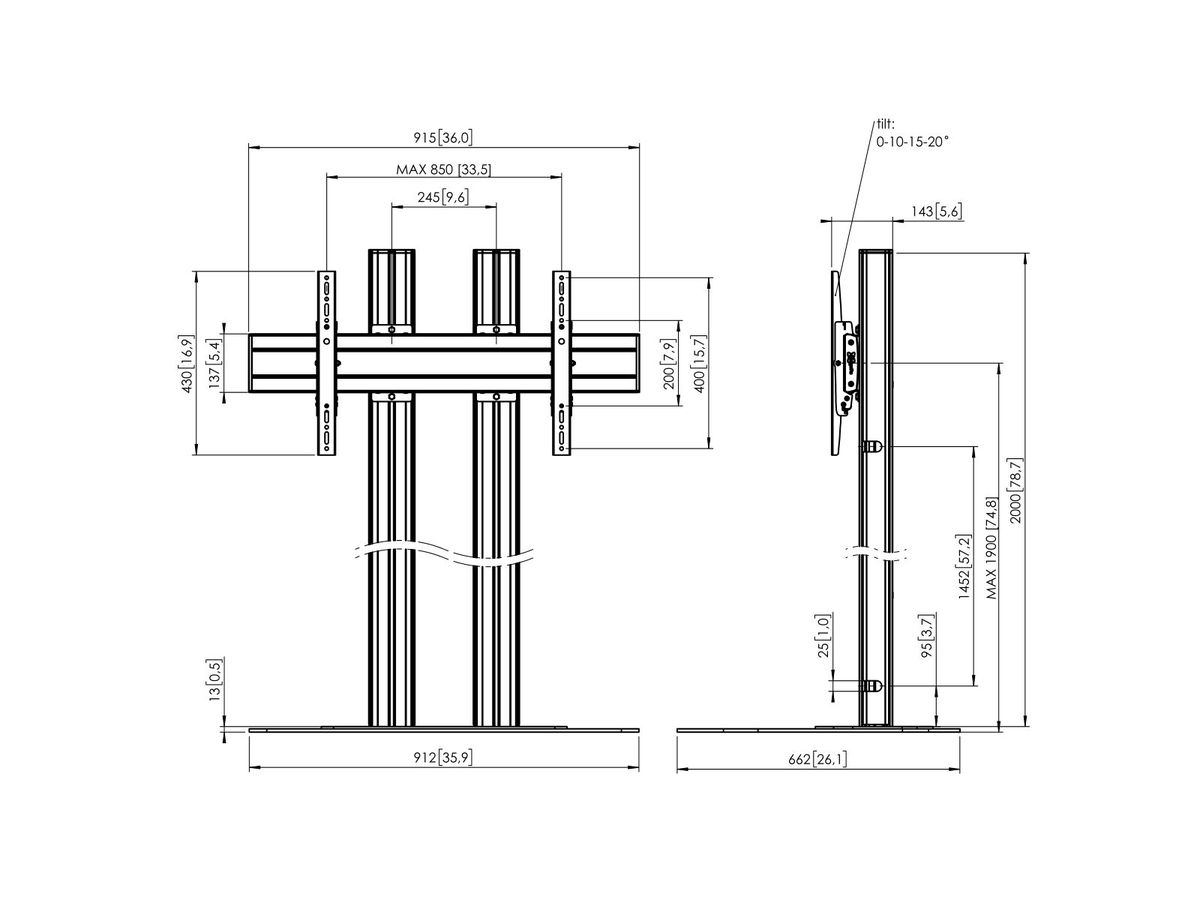 FD 2084B - Ständer 2 Säulen 200 cm, 800x400 Schwarz