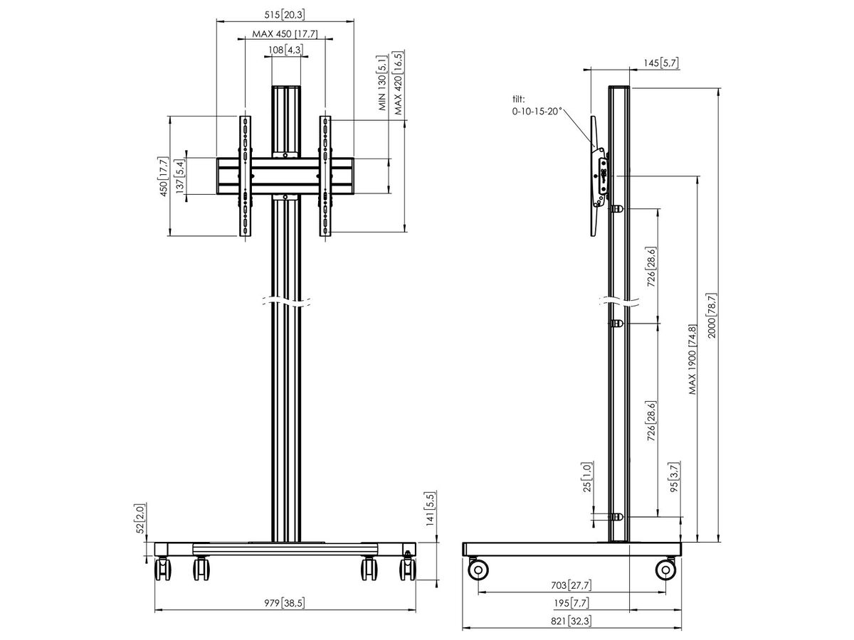 T 2044S - Trolley Säule 200cm, 400x400 Silber