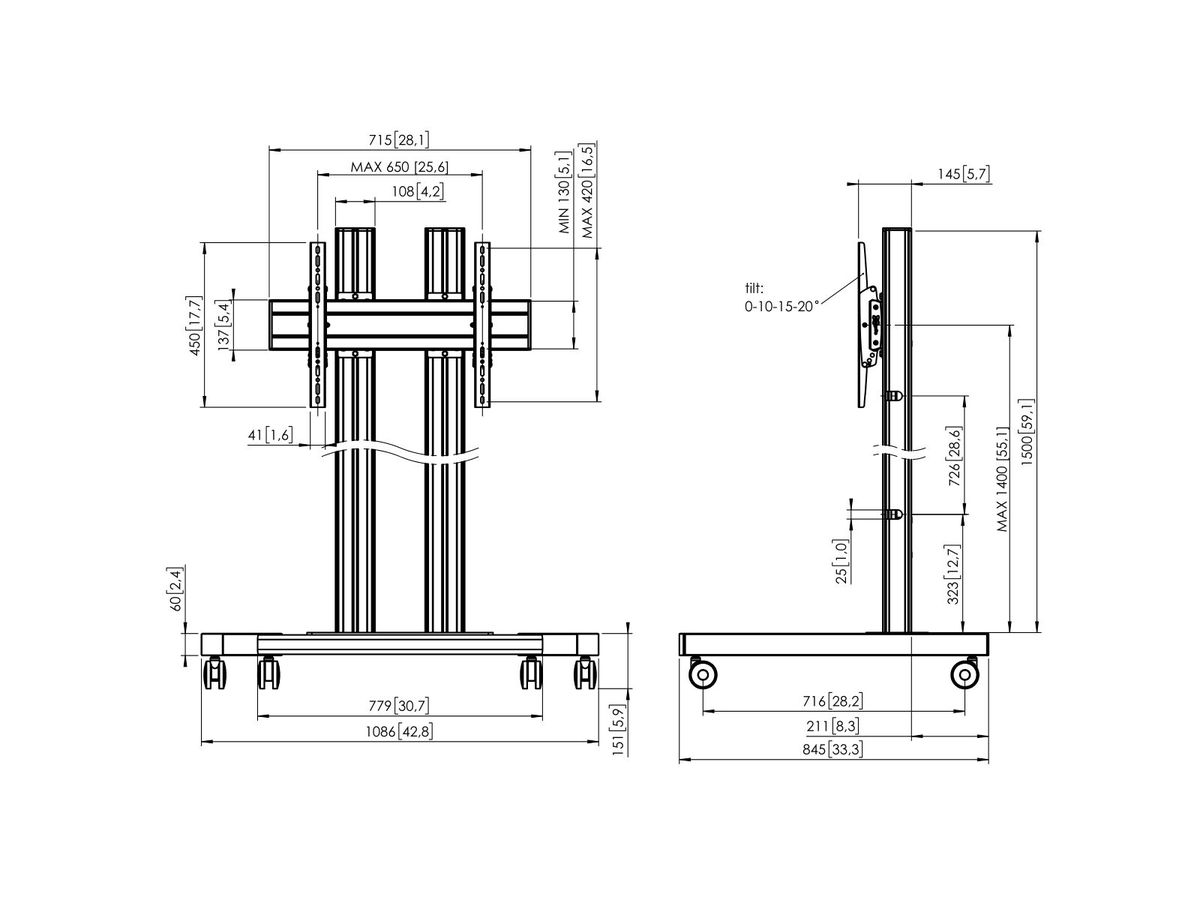 TD 1564B - Trolley 2 Säulen 150cm, 600x400 Schwarz